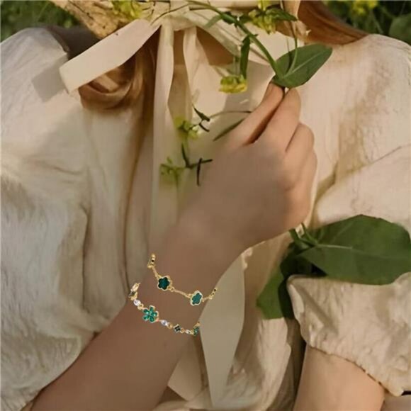 Gold clover bracelet set lucky charm stackable rhinestone adjustable jewelry gif - Picture 6 of 8